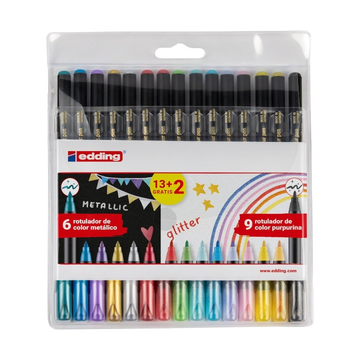 Edding 1200 Metallic and Glitter Pack de 15 Rotuladores - Punta Redonda - Trazo Metallic 1-3mm