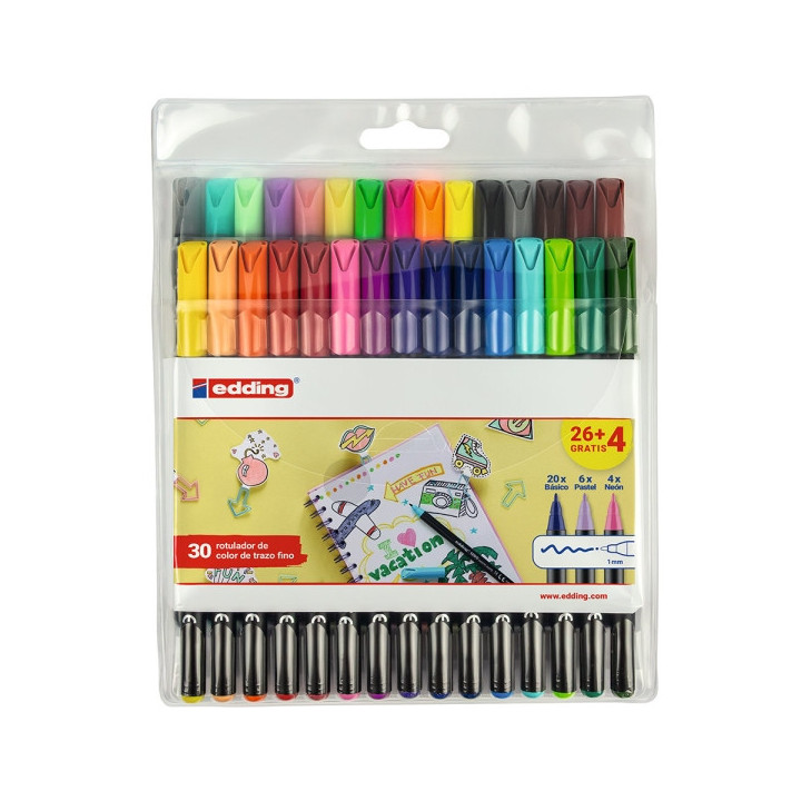 Edding 1200 Pack de 30 Rotuladores - Punta Redonda - Tinta con Base de Agua - Colores Clasicos