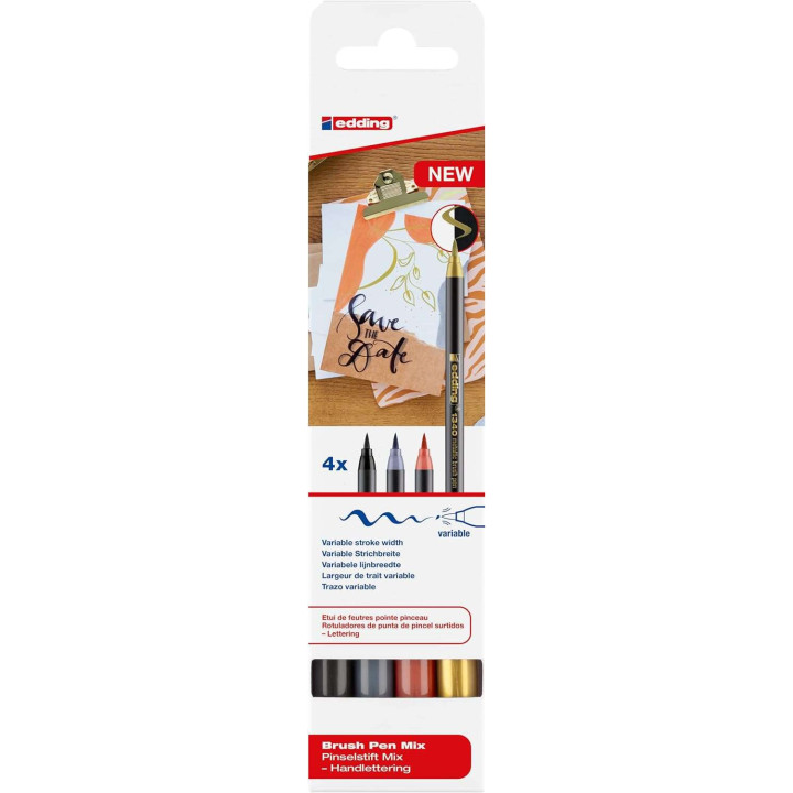 Edding 1340 Brush Pack de 4 Rotuladores - Punta Pincel Flexible - Trazo 1-3mm - Tinta con Base de Agua - Colores Oro