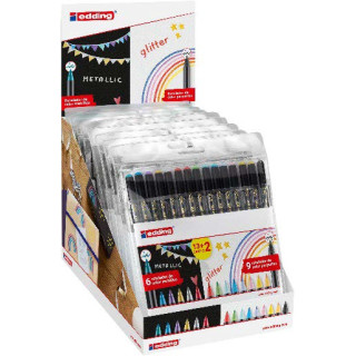 Edding 1200 Expositor con 15 Packs de 15 Rotuladores - Punta Redonda - Tinta con Base de Agua - Colores Metalicos y Purpurina S