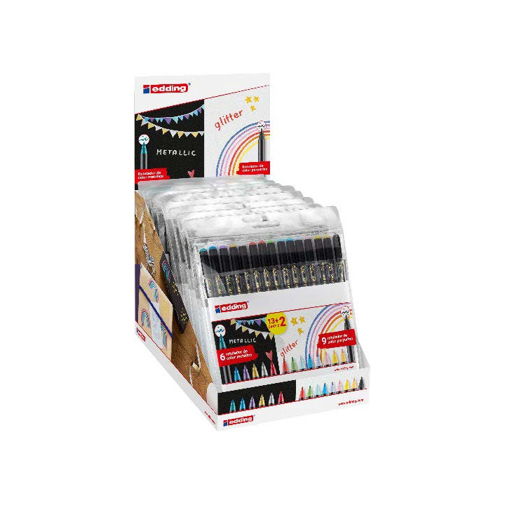 Edding 1200 Expositor con 15 Packs de 15 Rotuladores - Punta Redonda - Tinta con Base de Agua - Colores Metalicos y Purpurina S