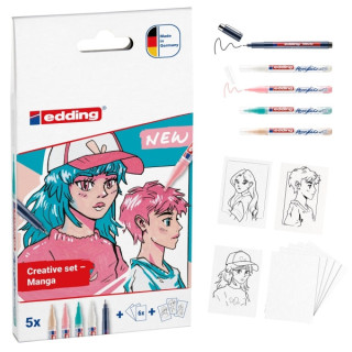 Edding Set Acrilico Manga Pack de 4 Rotuladores 5300 + 1 Rotulador 1800 + 6 Tarjetas en Blanco + 3 Plantillas + 1 Folleto con I