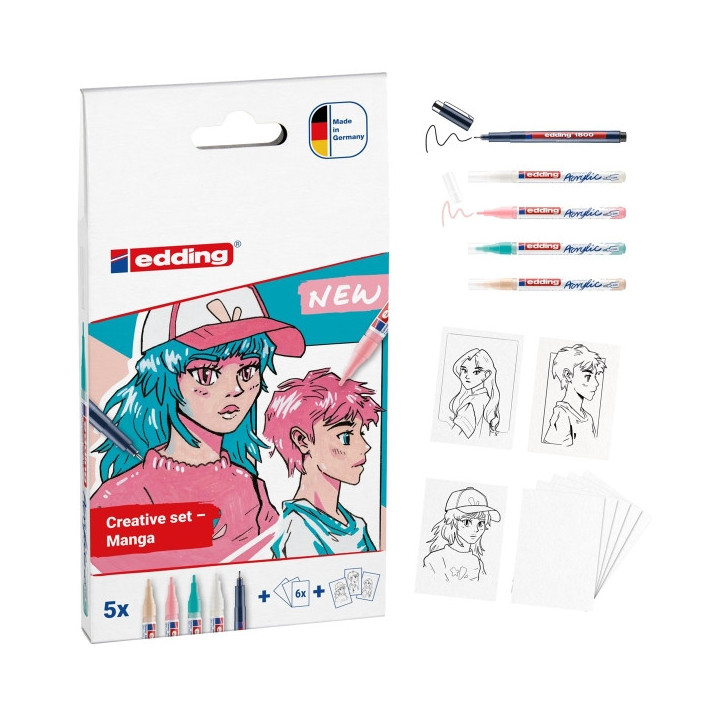 Edding Set Acrilico Manga Pack de 4 Rotuladores 5300 + 1 Rotulador 1800 + 6 Tarjetas en Blanco + 3 Plantillas + 1 Folleto con I