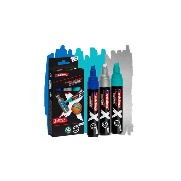 Edding X 6900 Oceano Pack de 3 Rotuladores Multisuperficie Permanentes de Tinta Opaca - Punta Biselada con Trazo 2-10mm - Color