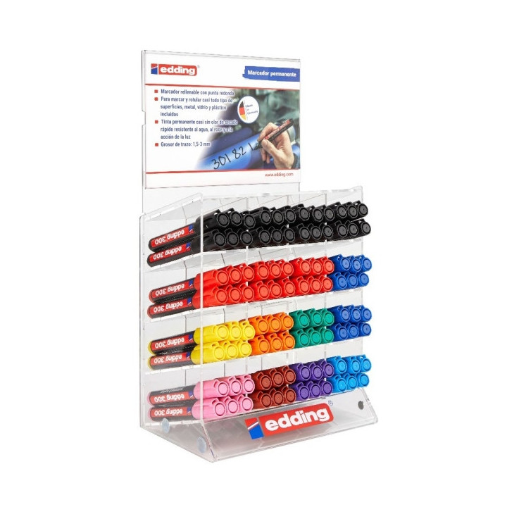 Edding 300 Expositor de 96 Rotuladores Permanentes - Punta Redonda - Trazo entre 1.5 y 3mm - Tinta Casi Inodora - Capuchon con