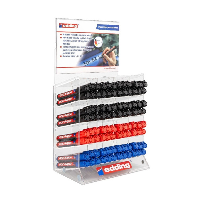 Edding 300 Expositor de 96 Rotuladores Permanentes - Punta Redonda - Trazo entre 1.5 y 3mm - Tinta Casi Inodora - Capuchon con