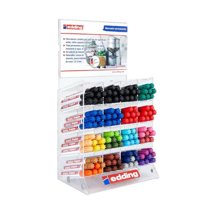 Edding 3000 Expositor con 128 Rotuladores Permanentes - Punta Redonda de 1.5mm - Trazo entre 1.5 y 3mm - Recargable - Secado Ra