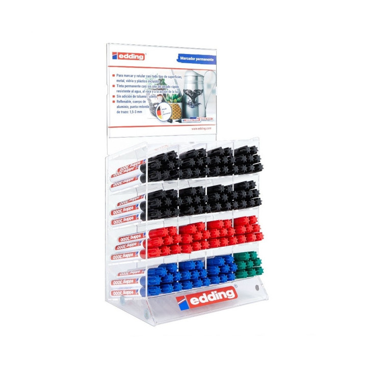 Edding 3000 Expositor con 128 Rotuladores Permanentes - Punta Redonda de 1.5mm - Trazo entre 1.5 y 3mm - Recargable - Secado Ra