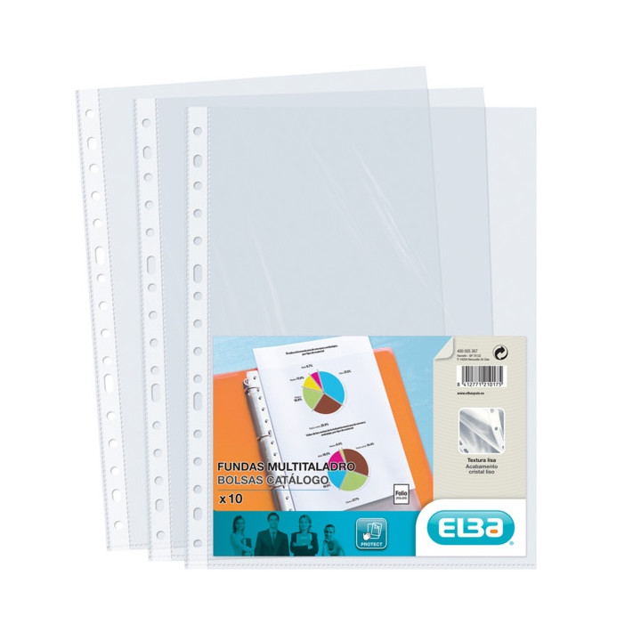 Elba Pack de 10 Fundas Multitaladro PP 70 Micras - Tamaño Folio - Acabado Cristal - Transparente