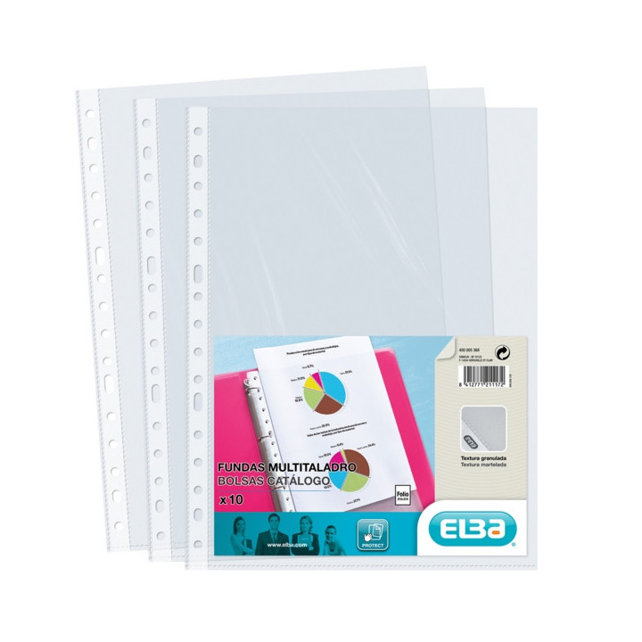 Elba Pack de 10 Fundas Multitaladro PP 90 Micras - Tamaño Folio - Acabado Piel Naranja - Transparente