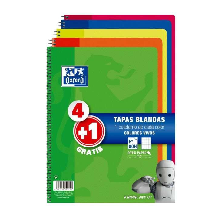 Oxford Pack 4+1 Cuadernos Espiral Formato Folio Cuadriculado 4x4mm - 80 Hojas - Tapa Blanda - Colores Surtidos