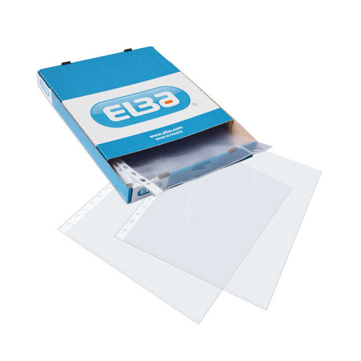 Elba Pack de 100 Fundas Multitaladro Extra PP 105 Micras - Tamaño Folio - Acabado Cristal - Transparente