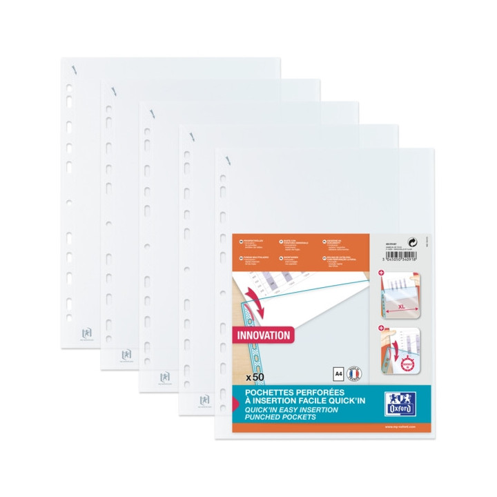 Oxford Quick'In A4 Pack de 50 Fundas Multitaladro Polipropileno Estandar Cristal 50 micras - 11 Taladros - Facil Insercion - Tr