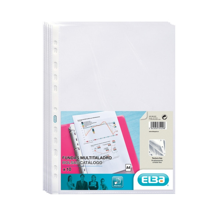 Elba Pack de 10 Fundas Multitaladro PP 70 Micras - Tamaño A4 - Acabado Cristal - Transparente