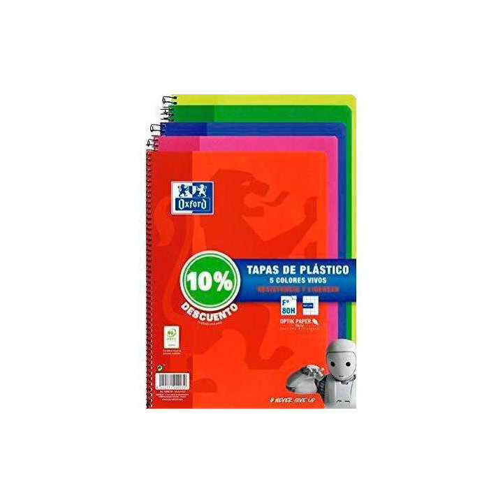 Oxford Classic Pack de 5 Cuadernos Espiral Formato Folio Cuadriculado 4x4mm - 80 Hojas - Tapa de Plastico - Colores Vivos Surti
