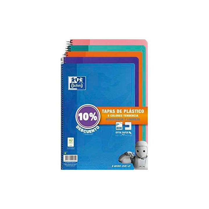 Oxford Classic Pack de 5 Cuadernos Espiral Formato Folio Cuadriculado 4x4mm - 80 Hojas - Tapa de Plastico - Colores Tendencia S