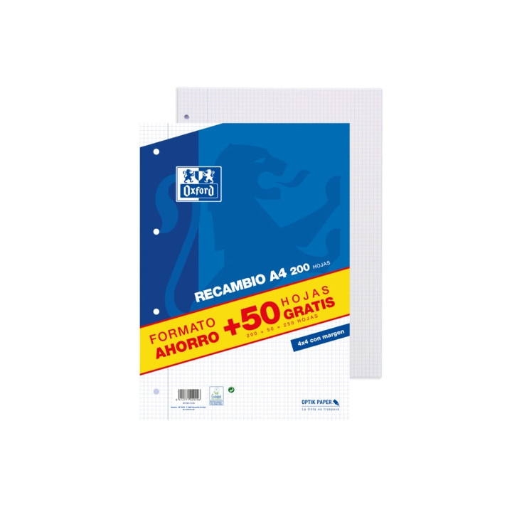 Oxford School Classic A4 Recambio - Paquete 4x4 con Margen - 200 Hojas + 50 Hojas Gratis