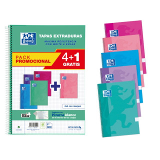 Oxford School Write&Erase Pack 4+1 de Cuaderno Espiral 80 Hojas Cuadricula 4x4 con Margen - Tapa Extradura - Colores Surtidos