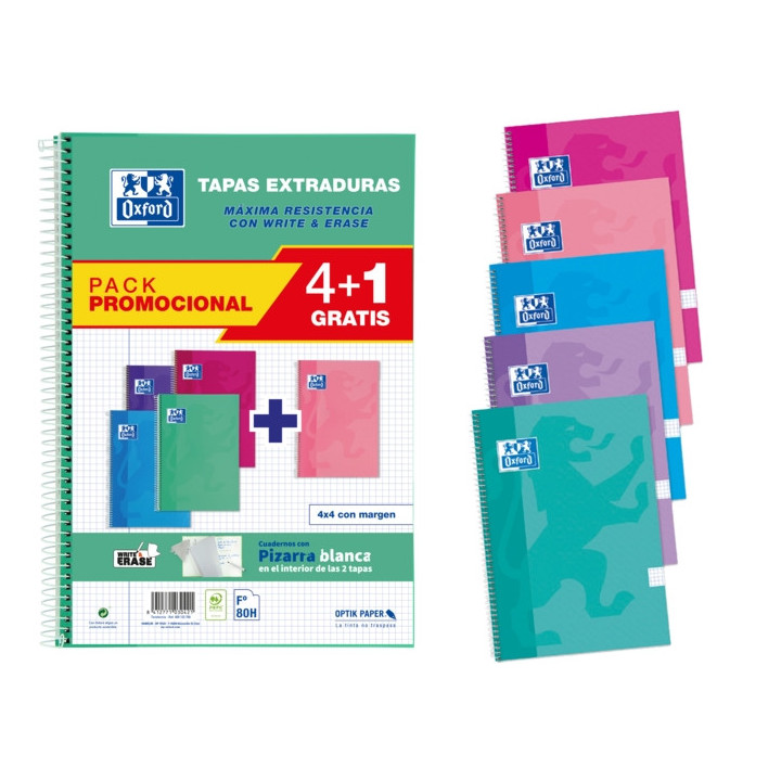 Oxford School Write&Erase Pack 4+1 de Cuaderno Espiral 80 Hojas Cuadricula 4x4 con Margen - Tapa Extradura - Colores Surtidos