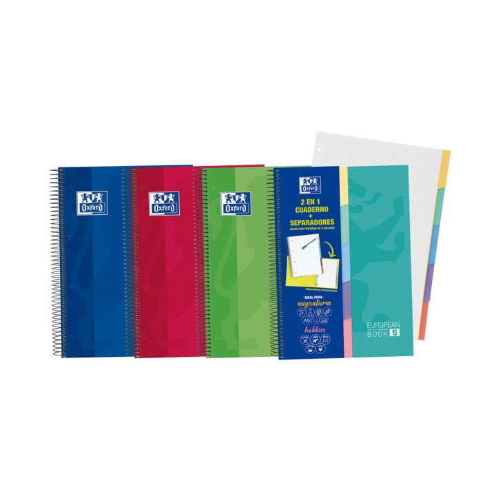 Oxford School Classic A4+ Europeanbook - Tapa Extradura Resistente - 100 Hojas Cuadriculadas 5x5 - 5 Pestañas Troqueladas - Co