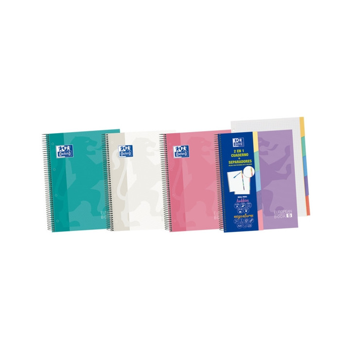 Oxford Europeanbook A5+ Cuaderno Espiral 100 Hojas Cuadricula 5x5 - Tapa Extradura Acabado Brillante - 5 Pestañas Troqueladas