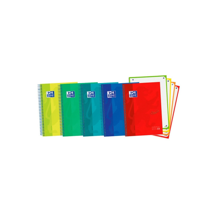 Oxford School Touch A5+ Europeanbook Libreta Espiral 120 Hojas Cuadricula 5x5 con Bandas de Color - Tapa Extradura con Tacto Su
