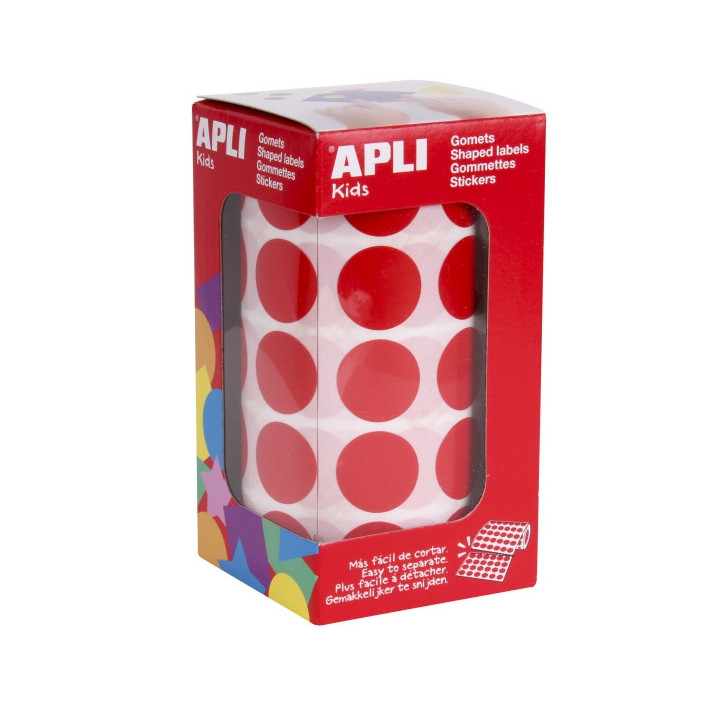 Apli Rollo de 1770 Gomets Redondos Rojos - Ø 20mm - Adhesivo Permanente - Desarrolla Habilidades y Capacidades en Niños