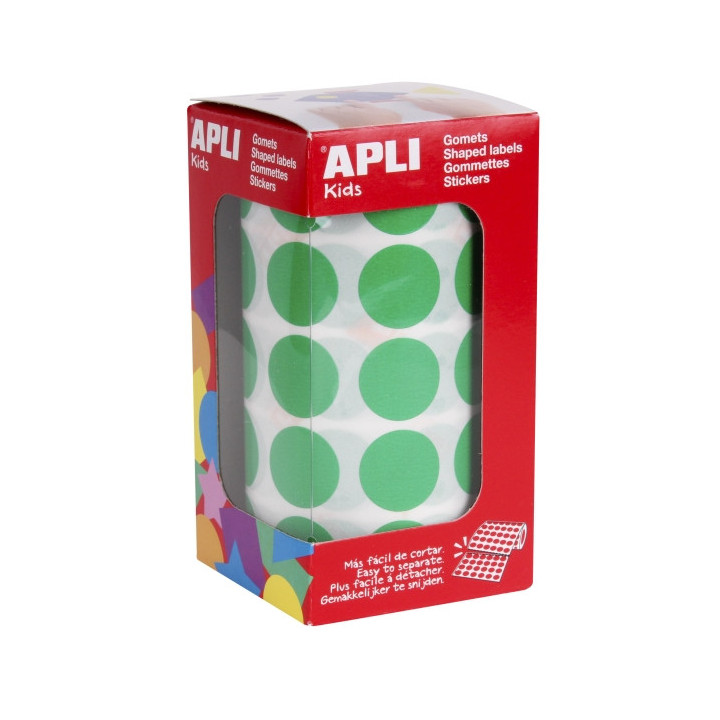 Apli Rollo de 1.770 Gomets Redondos Ø 20mm - Adhesivo Permanente con Base de Agua - Libre de Disolventes - Color Verde
