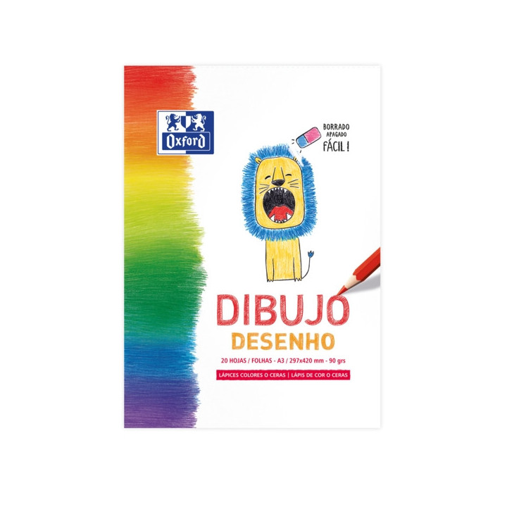 Oxford Dibujo Infantil/Ocio Bloc Encolado A3 - Tapa Blanda/Contratapa Rigida - 20 Hojas 90gr - Ideal para Dibujar y Colorear