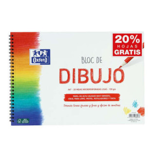 Oxford Bloc de Dibujo Escolar Espiral Formato A4+ Liso - 20 Hojas Microperforadas 130gr Color natural - Papel de Superfície Ru