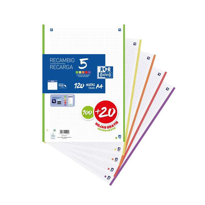 Oxford 5 Recambio de 120 Hojas Formato A4 Cuadriculado 5x5mm 4 Taladros - Banda de 5 Colores Vivos