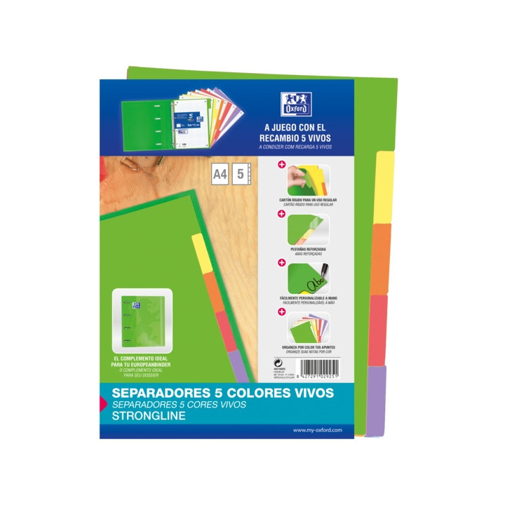 Oxford Strongline A4 Separadores 5 Posiciones - 4 Taladros - Cartulina 200gr - Colores Surtidos