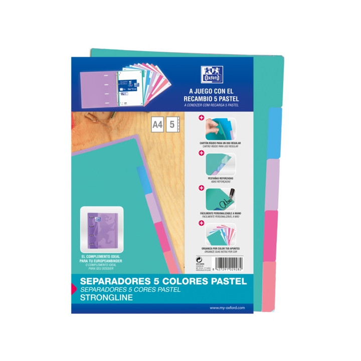 Oxford Strongline A4 Separadores 5 Posiciones - 4 Taladros - Cartulina 200gr - Colores Surtidos