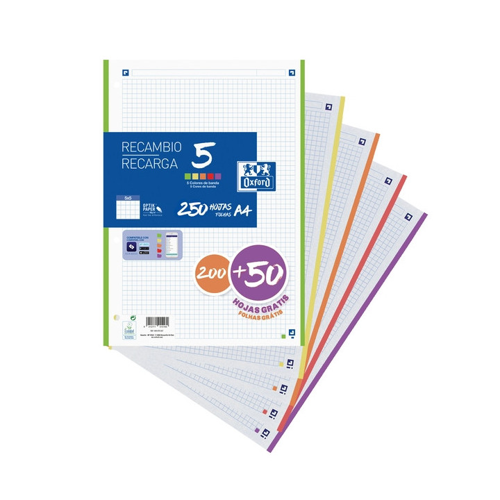Oxford School Pack de 5 A4 Recambio - 5x5 Promocion - 200+50 Hojas - Colores Surtidos