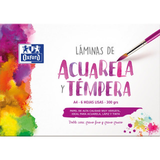Oxford Pintura Escolar Sobre de Laminas de Acuarela y Tempera A4 - 6 Hojas de 300gr - Ideal para Proyectos Escolares - Superfic