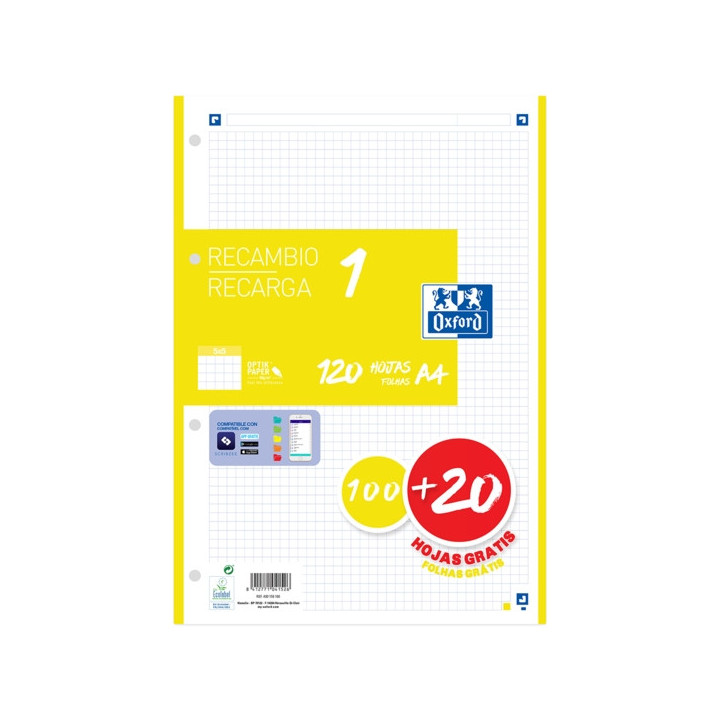 Oxford School Recambio A4 120 Hojas Cuadricula 5x5mm - 4 Taladros - Banda de Color Amarillo