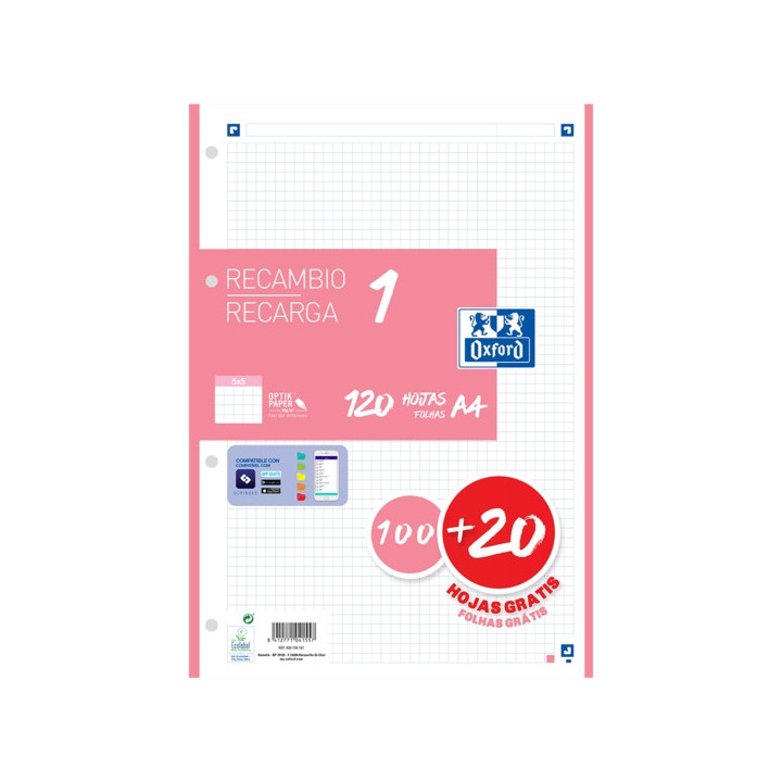 Oxford School Recambio A4 120 Hojas Cuadricula 5x5mm - 4 Taladros - Banda de Color Rosa