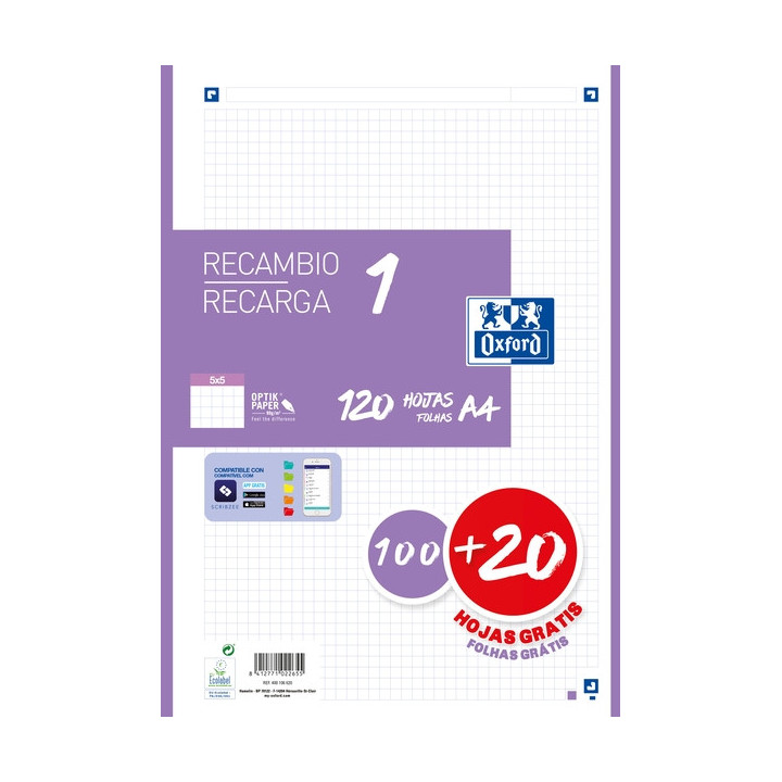 Oxford School Recambio A4 120 Hojas Cuadricula 5x5mm - 4 Taladros - Banda de Color Lila