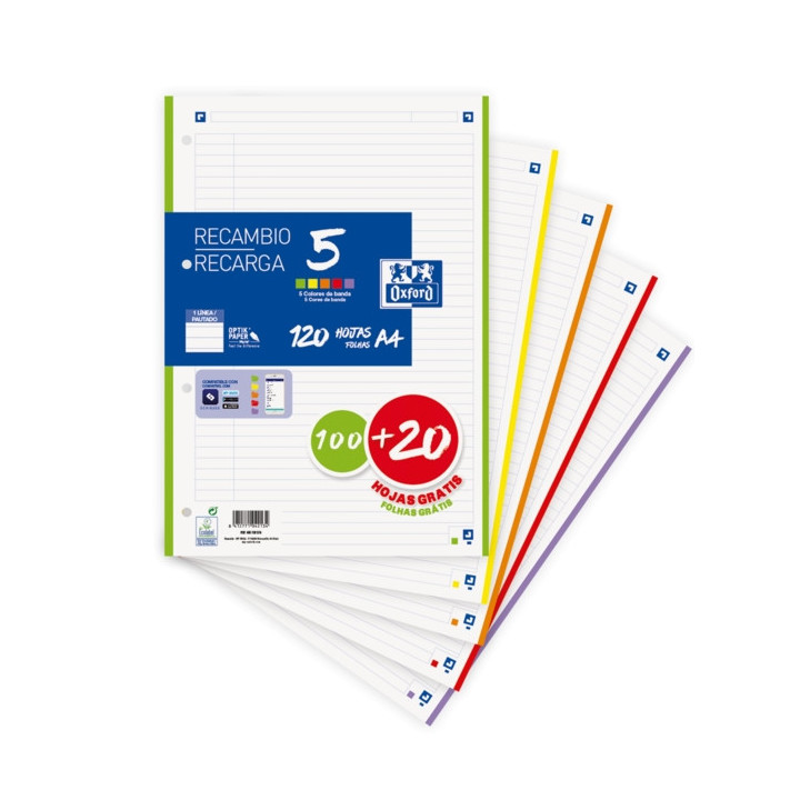 Oxford School Pack de 5 A4 Recambio - 1 Linea Promocion - 100+20 Hojas - Colores Surtidos