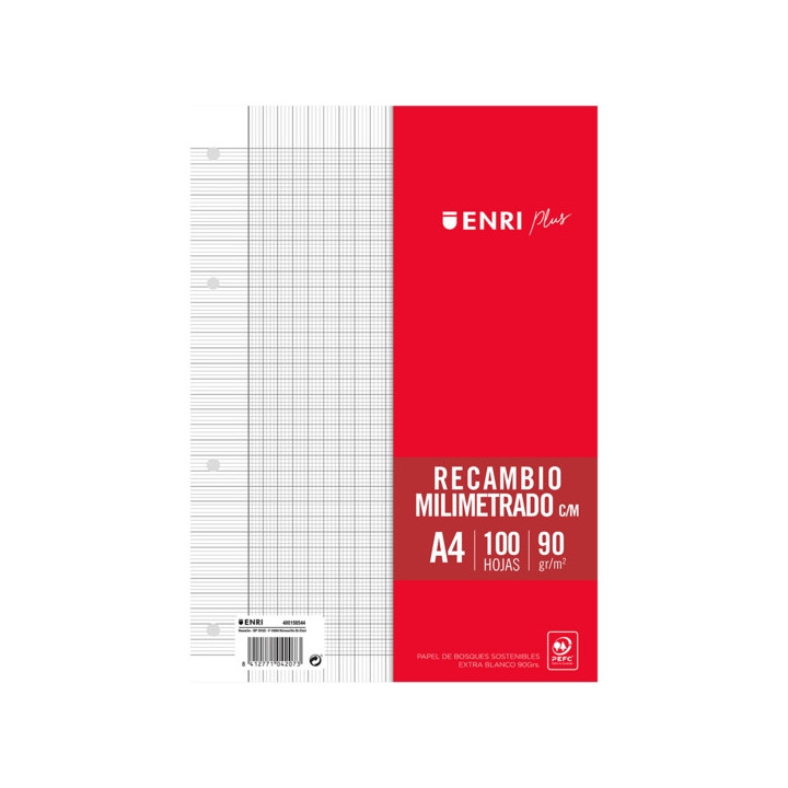 Enri Plus Recambio A4 100 Hojas con Margen Milimetrado - Papel de 90gr - 4 Taladros