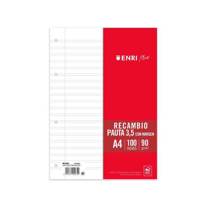 Enri Plus Recambio Formato A4 - Pautado 3.5mm 4 Taladros - 100 Hojas 90gr con Margen