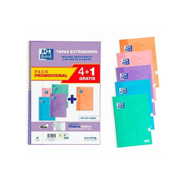 Oxford Classic Write & Erase Pack 4+1 5 Cuadernos Espiral Formato Folio Cuadriculado 4x4mm - 80 Hojas - Tapas Extraduras con Pi