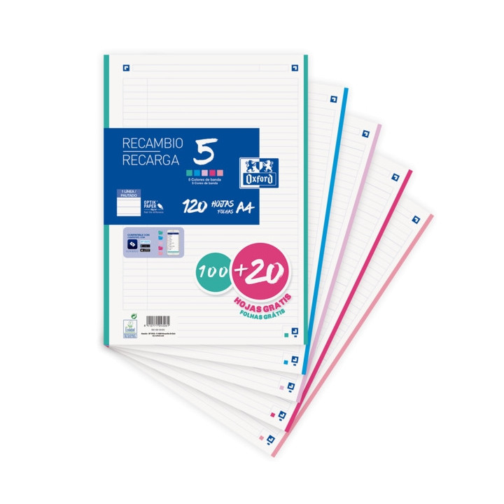 Oxford School Recambio 120 Hojas A4 1 Linea - 4 Taladros - 5 Bandas de Color