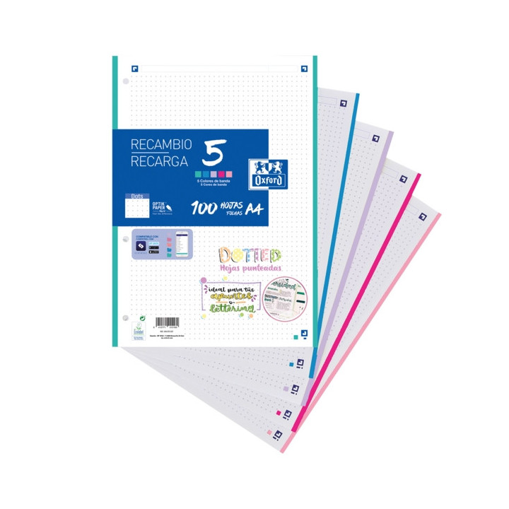 Oxford 5 Dotted Recambio de 100 Hojas Formato A4 Punteadas 4 Taladros - Banda de 5 Colores Pastel
