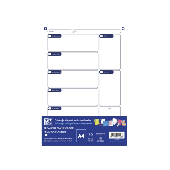 Oxford Recambio Planificador A4 30 Hojas - No Fechado - Ideal para Organizar tus Tareas Diarias - Compatible con la Mayoria de
