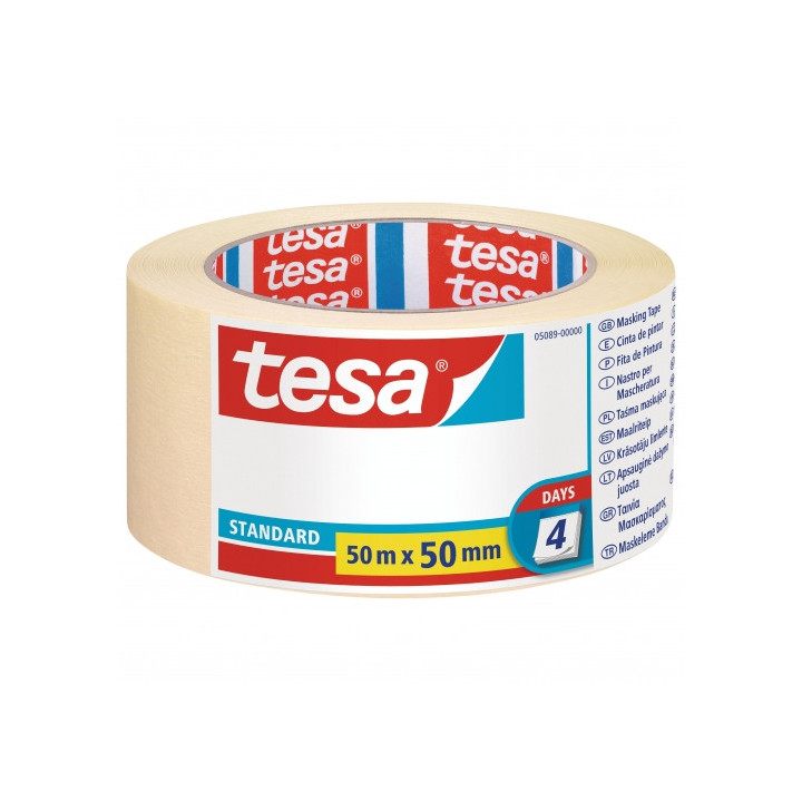 Tesa Standard Cinta de Pintor 50mm x 50m - Fabricada en Papel - Libre de Disolventes - No deja Residuos