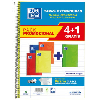 Oxford School Classic Write&Erase Pack 4+1 Fº - Cuaderno Espiral - Tapa Extradura - 1 Linea con Margen - 80 Hojas - Colores Su