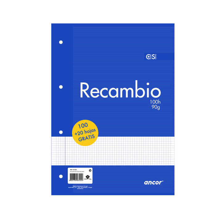 Ancor Recambio de 120 Hojas 90gr Tamaño A4 Cuadriculado 4x4mm - 4 Taladros