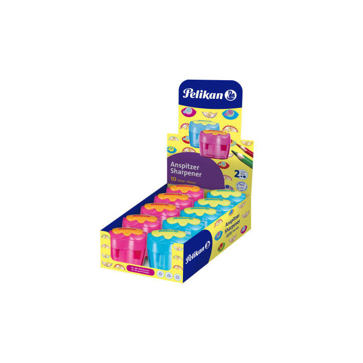 Pelikan Flower Expositor de 10 Sacapuntas 2 Orificios con Tapa - Deposito para Residuos - Cuchillas de Acero Inoxidable - Color