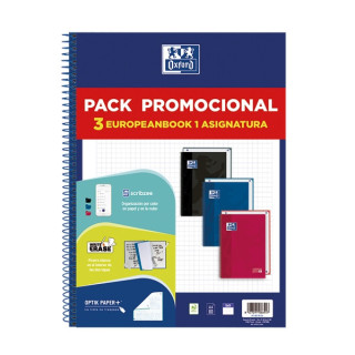 Oxford Europeanbook 1 Classic Pack de 3 Cuadernos Espiral Formato A4+ Cuadriculado 5x5mm - 80 Hojas 90gr - Tapa Extradura Tacto